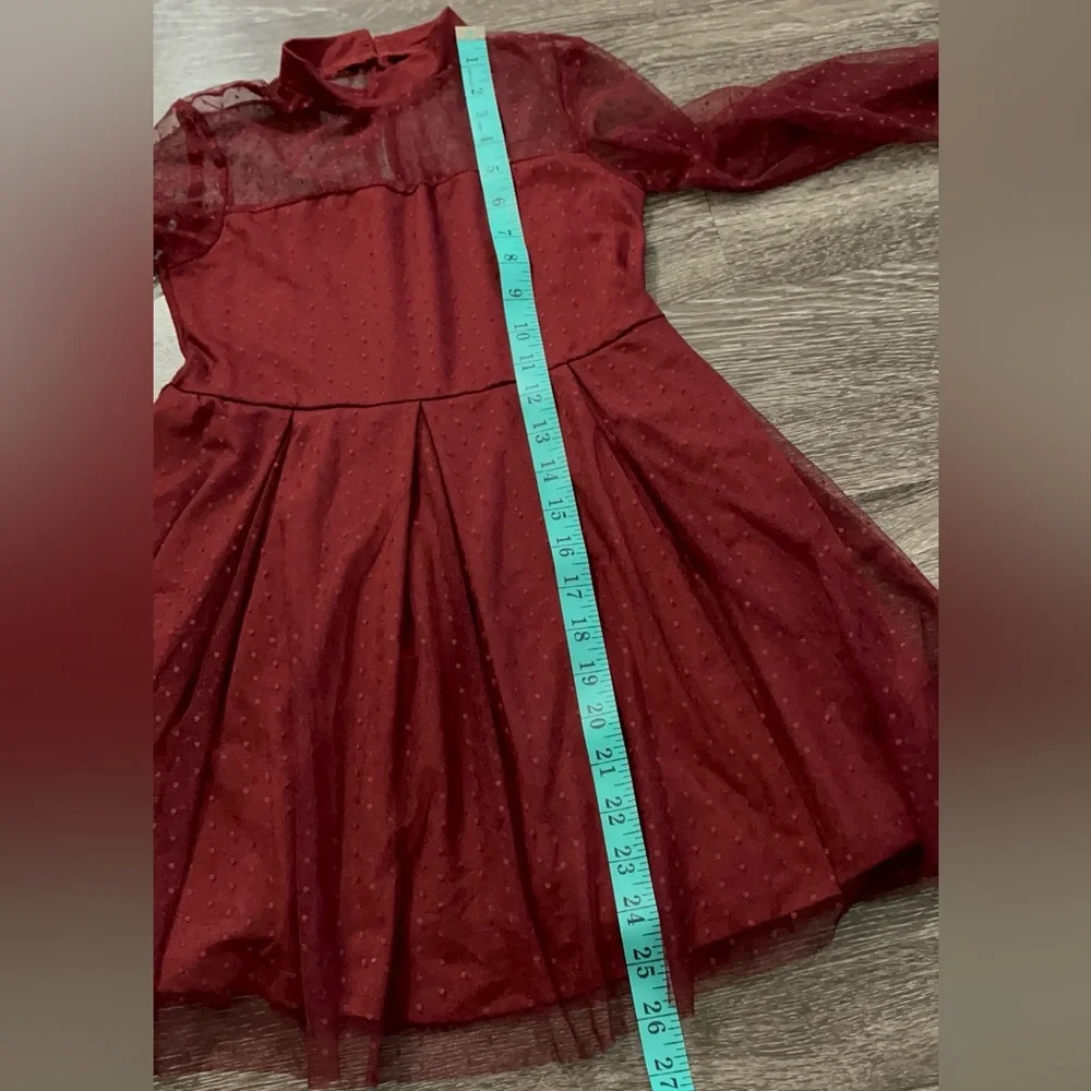 Girls Burgundy Sheer Mesh A-line Dress.